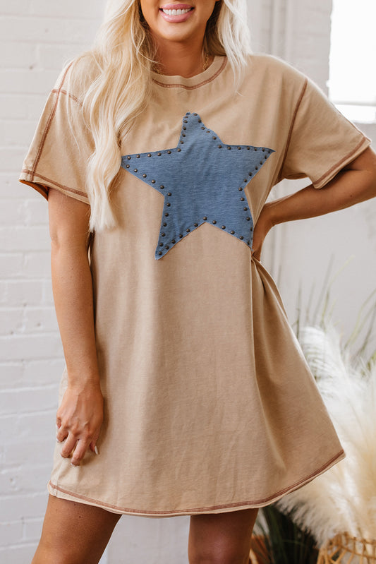 Pale Khaki Mineral Wash Stud Beaded Star Graphic Pocketed T Shirt Dress Pale Khaki 95%Cotton+5%Elastane T Shirt Dresses JT's Designer Fashion