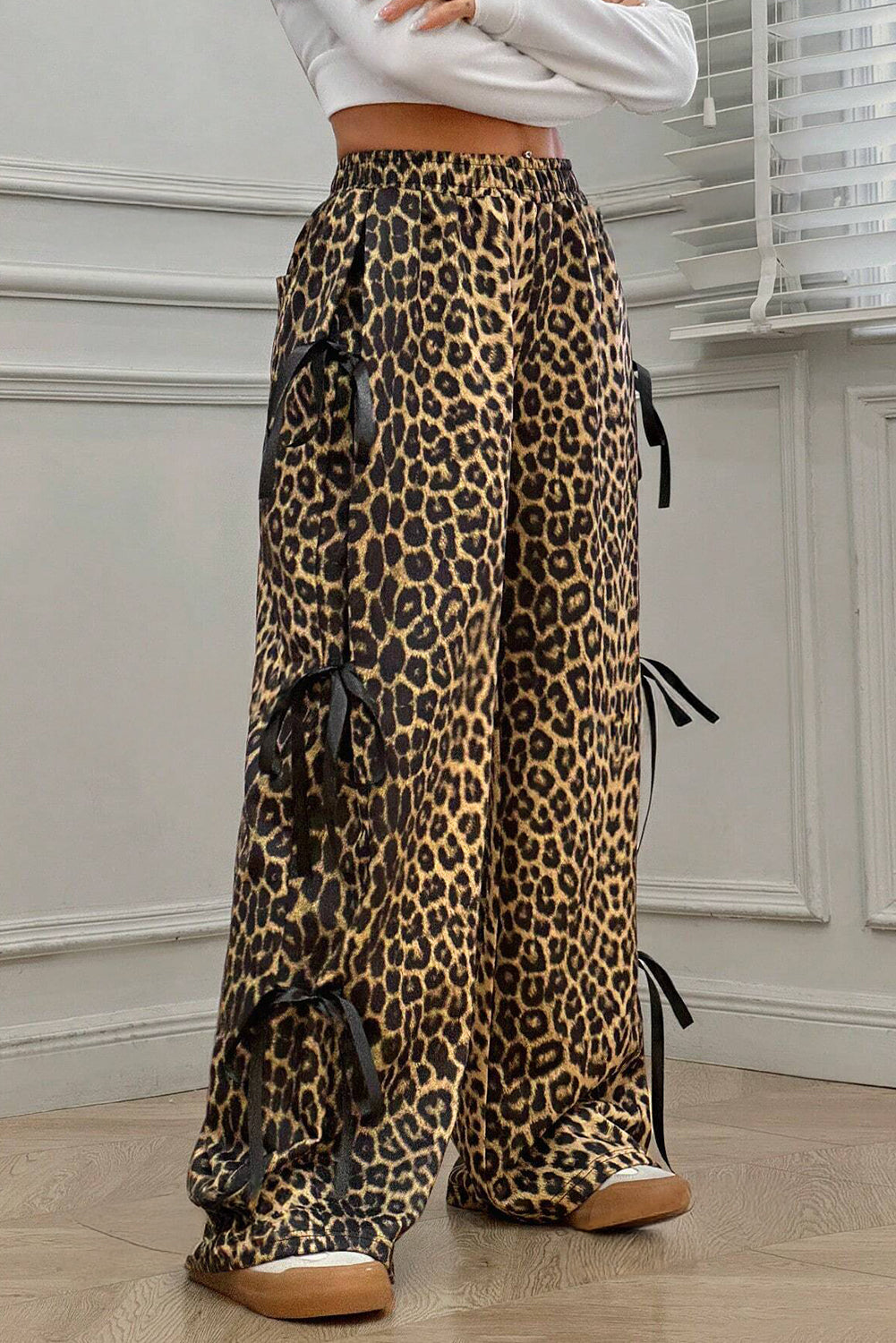 Brown Leopard Print Bow Tie Drawstring Elastic Waist Loose High Waist Pants Pants & Culotte JT's Designer Fashion