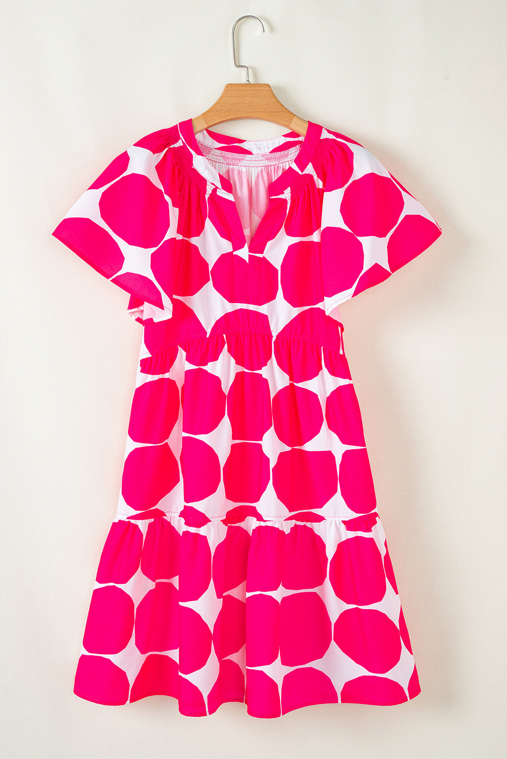 Rose Polka Dot Flutter Sleeve Notched Neck Tiered Flowy Dress Mini Dresses JT's Designer Fashion