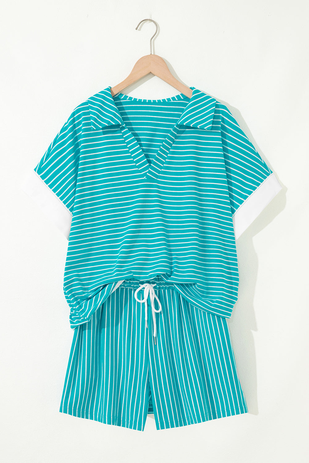 Sky Blue Stripe V Neck Tee and Casual Short Set Short Sets JT's Designer Fashion