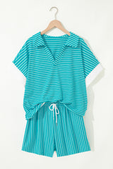 Sky Blue Stripe V Neck Tee and Casual Short Set Short Sets JT's Designer Fashion