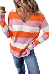 Orange Stripe Colorblock V Neck Casual Sweater Sweaters JT's Designer Fashion