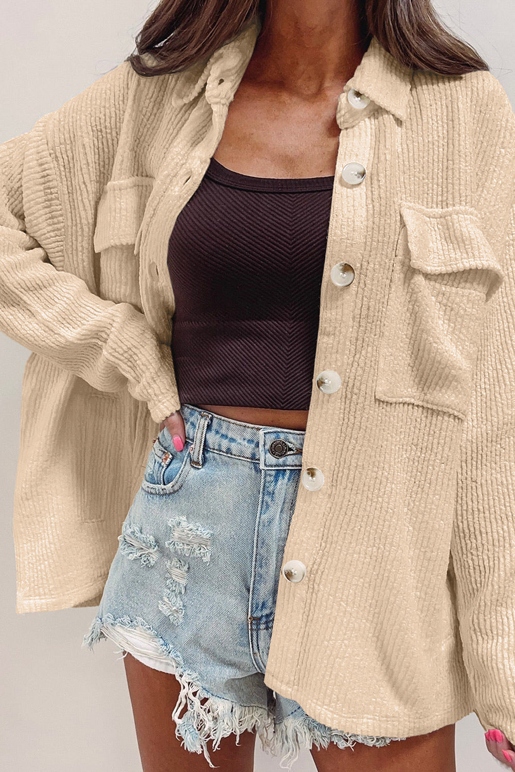 Apricot Solid Color Corduroy Buttoned Long Sleeve Shacket Apricot 85%Polyester+10%Viscose+5%Elastane Jackets JT's Designer Fashion