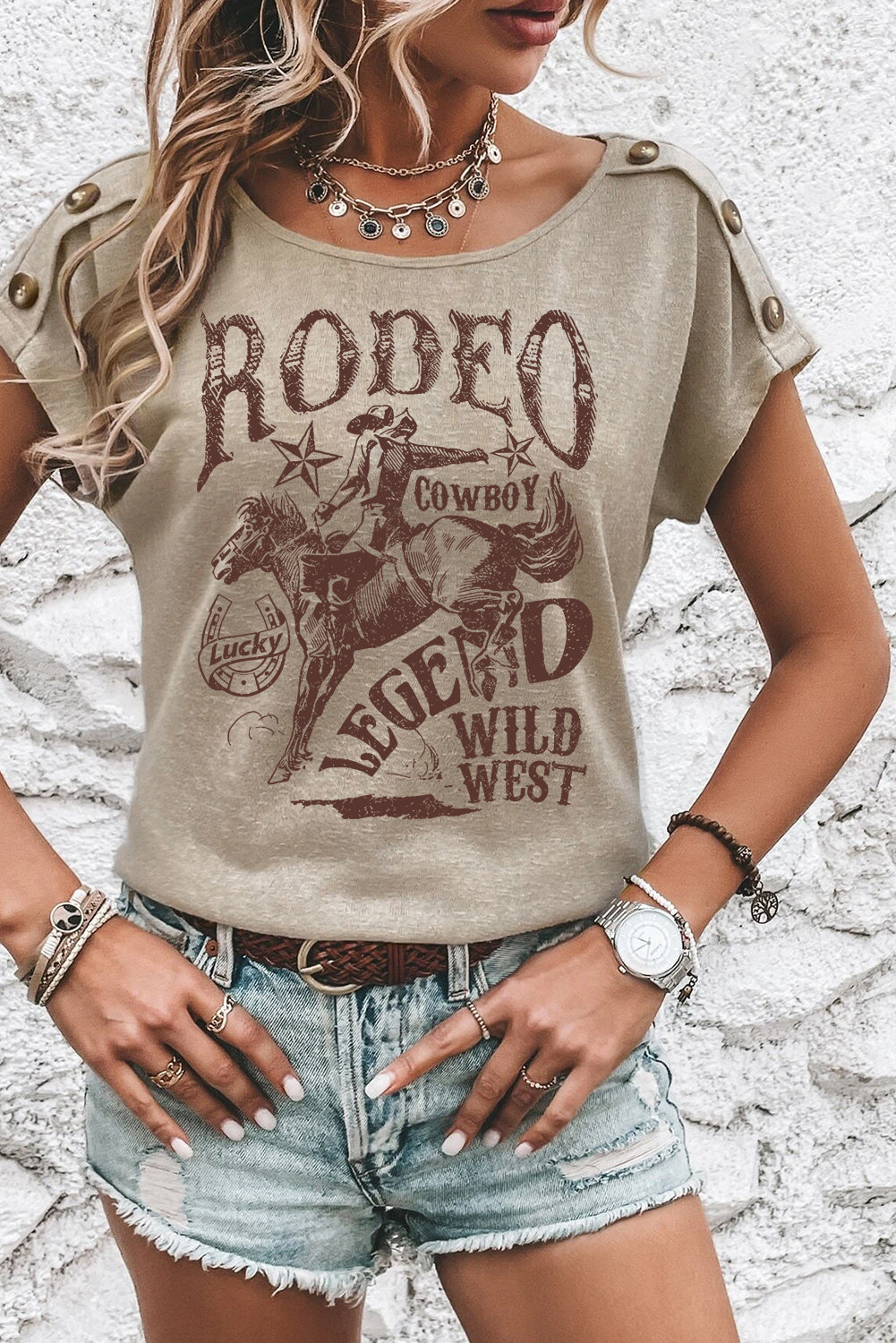 Smoke Gray RODEO Cowboy Graphic Buttoned Batwing Sleeve T Shirt Graphic Tees JT's Designer Fashion