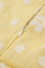 Yellow Boho Flower Jacquard Puff Sleeve Square Neck Mini Dress Floral Dresses JT's Designer Fashion