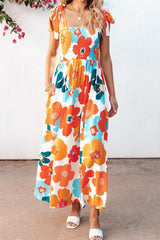 Orange Floral Self Tied Straps Smocked Bust Maxi Dress Floral Dresses JT's Designer Fashion