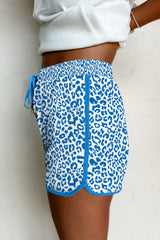 Blue Leopard Elastic Waist Lace up Contrast Trim Casual Shorts Casual Shorts JT's Designer Fashion