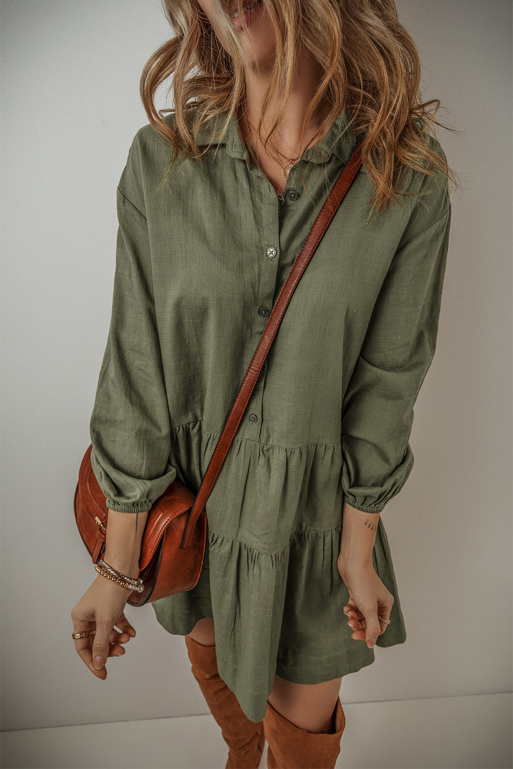 Jungle Green Puff Sleeve Buttoned Tiered Pleated Shirt Mini Dress Mini Dresses JT's Designer Fashion