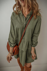 Jungle Green Puff Sleeve Buttoned Tiered Pleated Shirt Mini Dress Mini Dresses JT's Designer Fashion