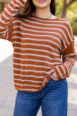 Brown Stripe Drop Shoulder Casual Sweater Sweaters JT's Designer Fashion