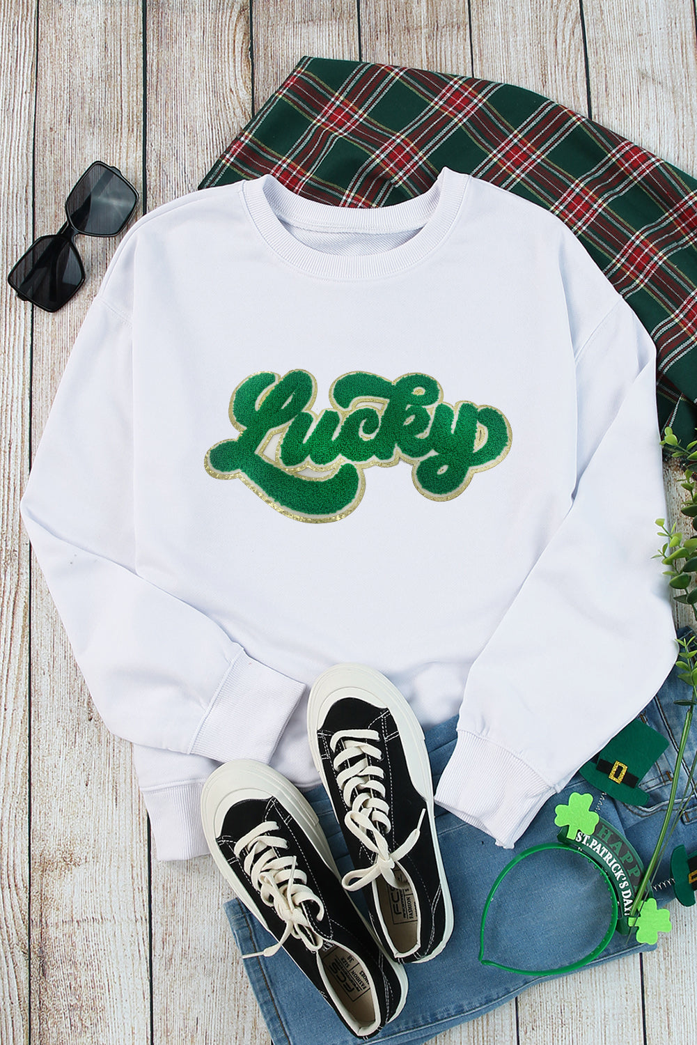 White Shiny Trim Chenille Lucky Pattern Sweatshirt Graphic Sweatshirts JT's Designer Fashion