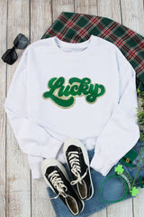 White Shiny Trim Chenille Lucky Pattern Sweatshirt Graphic Sweatshirts JT's Designer Fashion