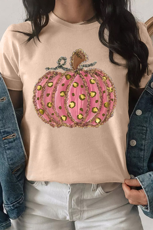 Khaki Cheetah Pumpkin Print Round Neck T Shirt Graphic Tees JT's Designer Fashion