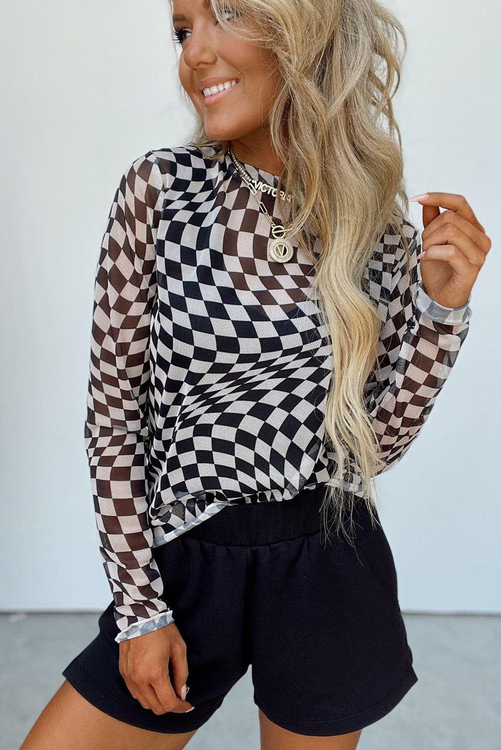 Black Checkered Pattern Mesh Mock Neck Long Sleeve Top Long Sleeve Tops JT's Designer Fashion
