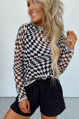 Black Checkered Pattern Mesh Mock Neck Long Sleeve Top Long Sleeve Tops JT's Designer Fashion