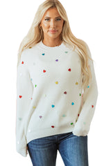 Beige Sequin Heart Shape Waffle Knit Round Neck Sweater Sweaters JT's Designer Fashion