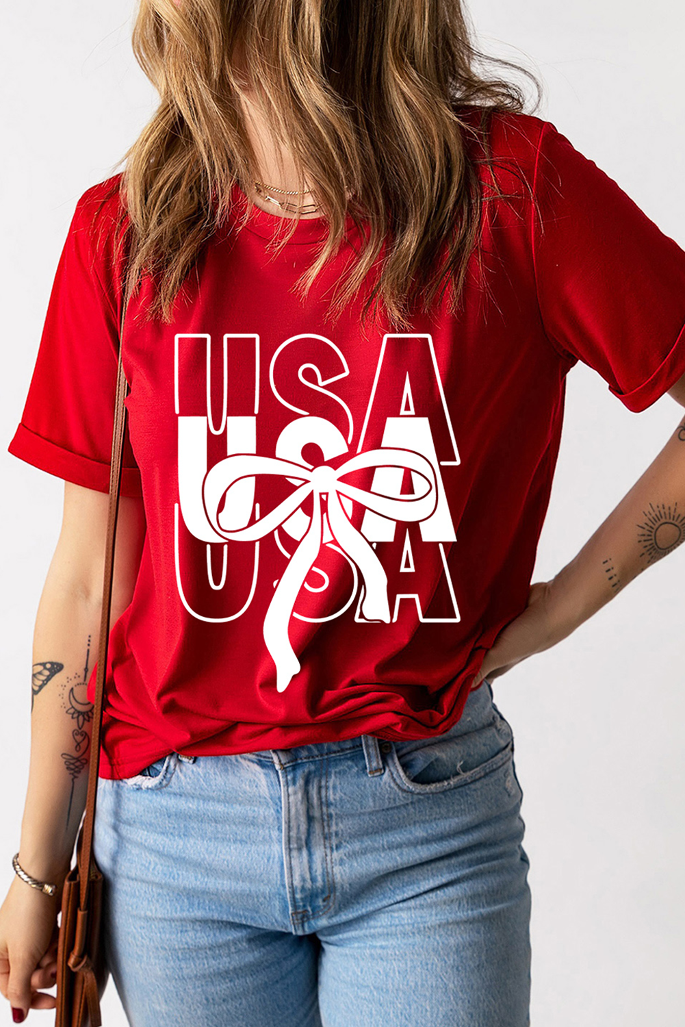 Red USA Bow Printed Casual Cotton Blend T Shirt Graphic Tees JT's Designer Fashion