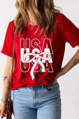 Red USA Bow Printed Casual Cotton Blend T Shirt Graphic Tees JT's Designer Fashion