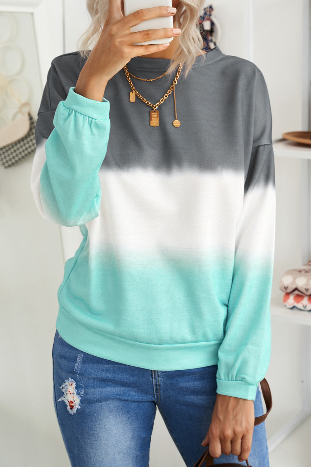 Gray Color Block Tie Dye Pullover Sweatshirt Sweatshirts & Hoodies JT's Designer Fashion
