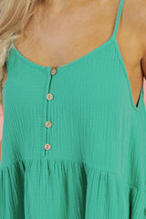 Sea Green Textured Buttoned Thin Strap Tiered Loose Fit Mini Dress Mini Dresses JT's Designer Fashion