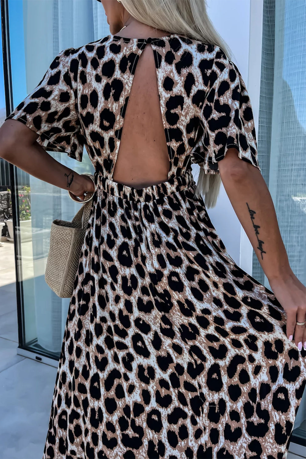 Khaki Leopard V Neck Cinched High Waist Open Back Long Dress Maxi Dresses JT's Designer Fashion