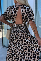Khaki Leopard V Neck Cinched High Waist Open Back Long Dress Maxi Dresses JT's Designer Fashion