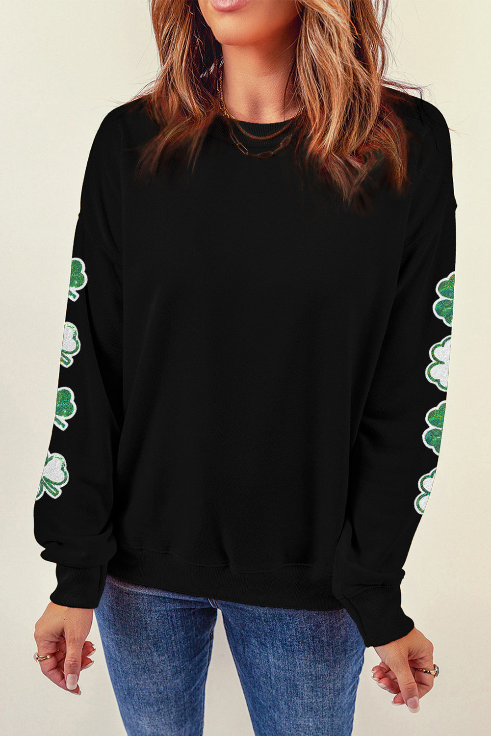 Black Sequin Clover Patched Drop Shoulder Sweatshirt Graphic Sweatshirts JT's Designer Fashion