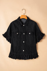 Black Raw Edge Ruffled Short Sleeve Denim Jacket Denim Jackets JT's Designer Fashion