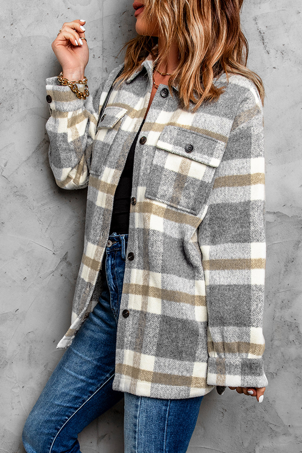 Brown Plaid Print Pocket Women Shacket Plaid Shackets JT's Designer Fashion