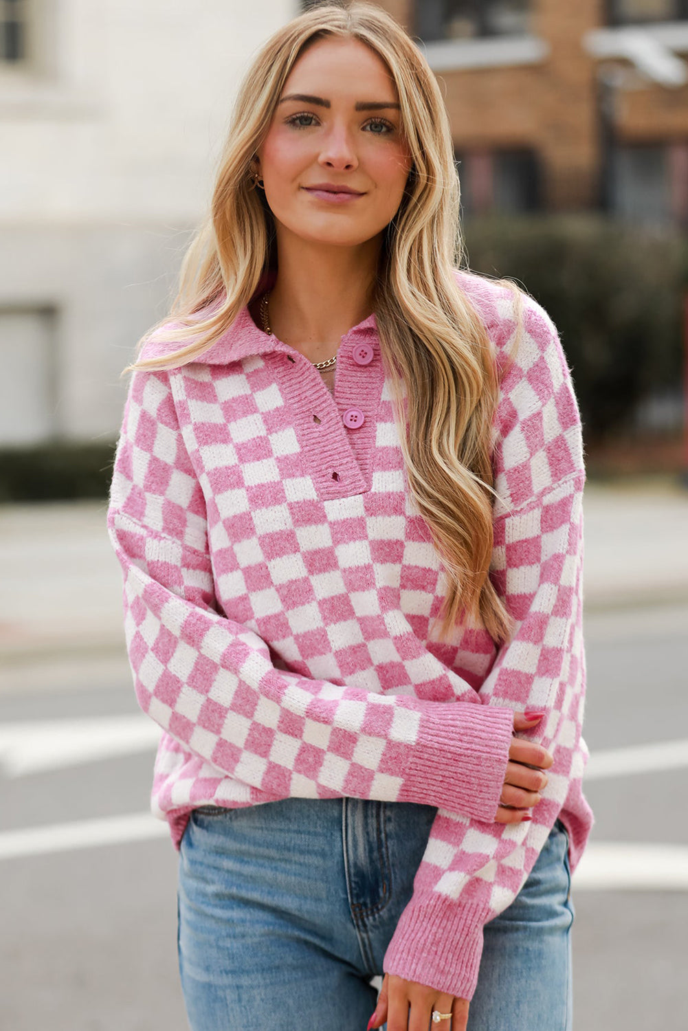 Pink Checkered Buttons Collar V Neck Drop Shoulder Sweater Sweaters JT's Designer Fashion