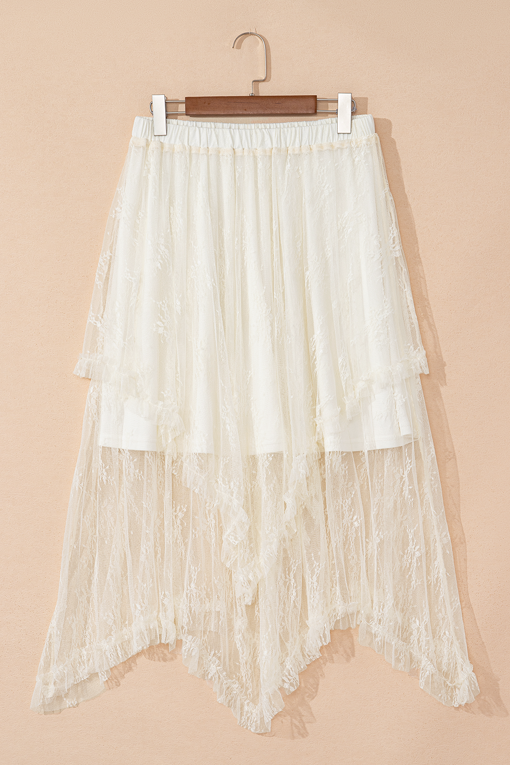Beige Lace Cascading Tiered High Waist Maxi Skirt Skirts & Petticoat JT's Designer Fashion