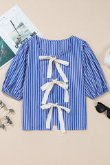 Blue Stripe Tied Front Puff Short Sleeve Blouse Blouses & Shirts JT's Designer Fashion