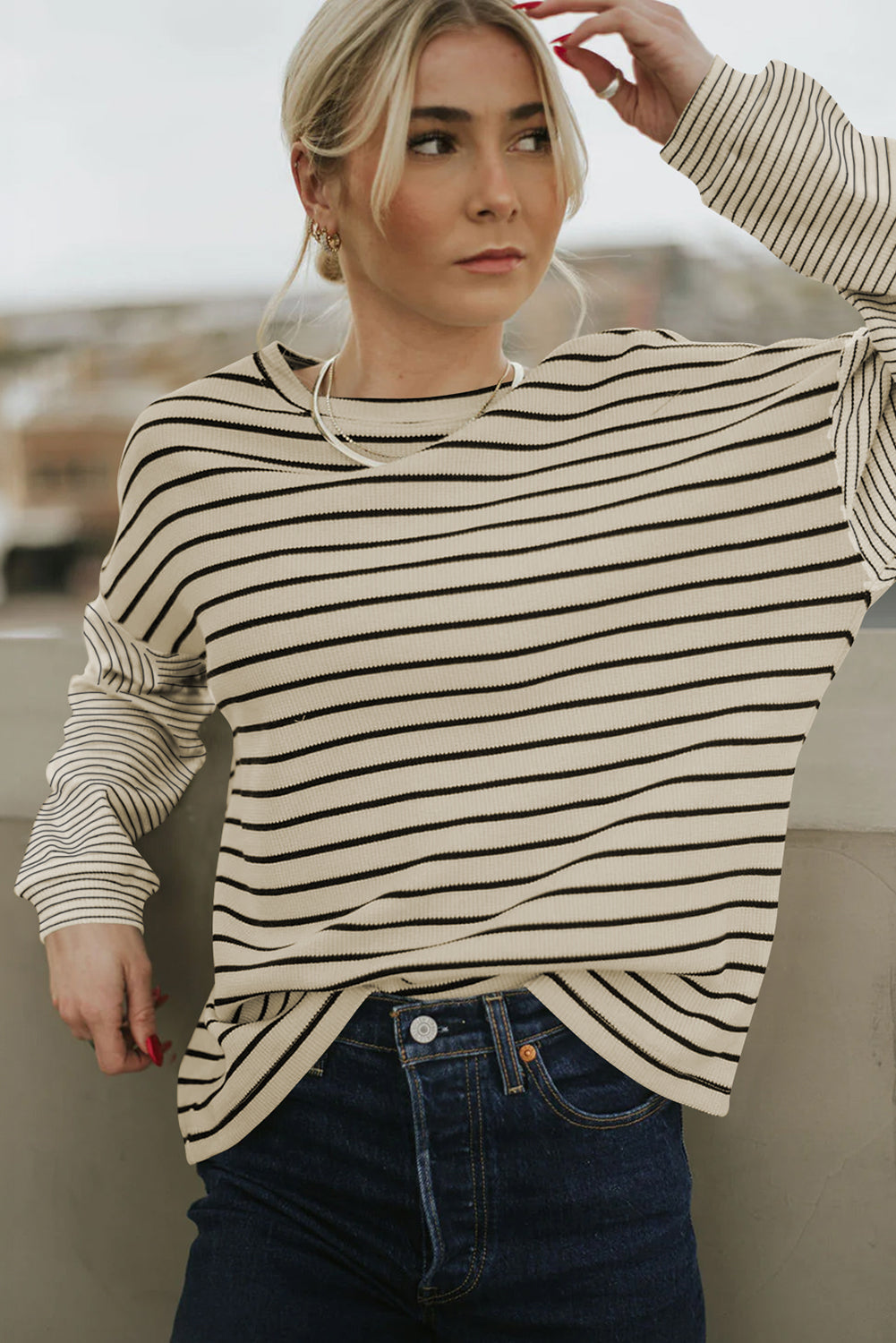 Black Striped Patchwork Loose Long Sleeve Tee Long Sleeve Tops JT's Designer Fashion