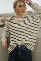 Black Striped Patchwork Loose Long Sleeve Tee Long Sleeve Tops JT's Designer Fashion