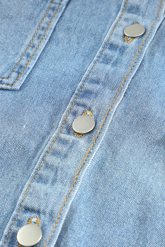 Sky Blue Pocket Raw Hem Buttoned Denim Jacket Denim Jackets JT's Designer Fashion