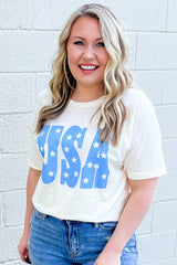 Sky Blue USA Graphic Crewneck Plus Size Patriotic Tee Plus Size Tops & Tees JT's Designer Fashion