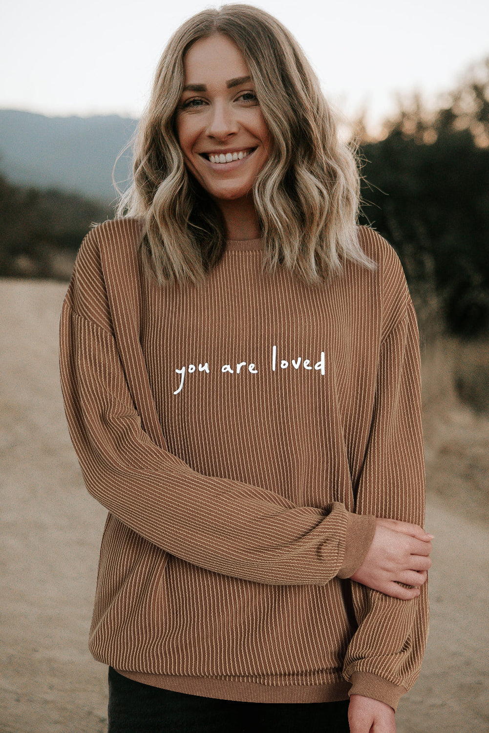 Khaki You Are Loved Print Corduroy Sweatshirt Sweatshirts & Hoodies JT's Designer Fashion