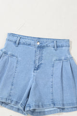 Dusk Blue Pleated Patchwork Wide Leg Lightweight Denim Shorts Denim Shorts JT's Designer Fashion