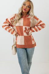 Brown Checkered Floral Print Striped Sleeve Sweater Sweaters JT's Designer Fashion