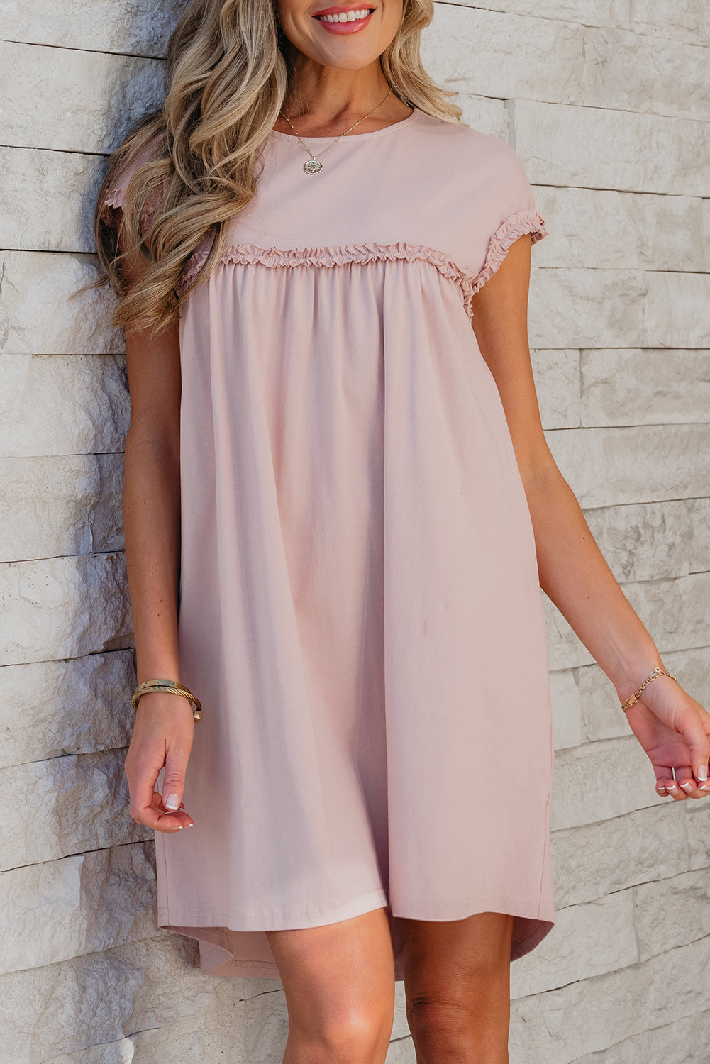 Oatmeal Frilled Trim Crew Neck Loose Fit Mini Dress Mini Dresses JT's Designer Fashion