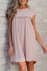 Oatmeal Frilled Trim Crew Neck Loose Fit Mini Dress Mini Dresses JT's Designer Fashion