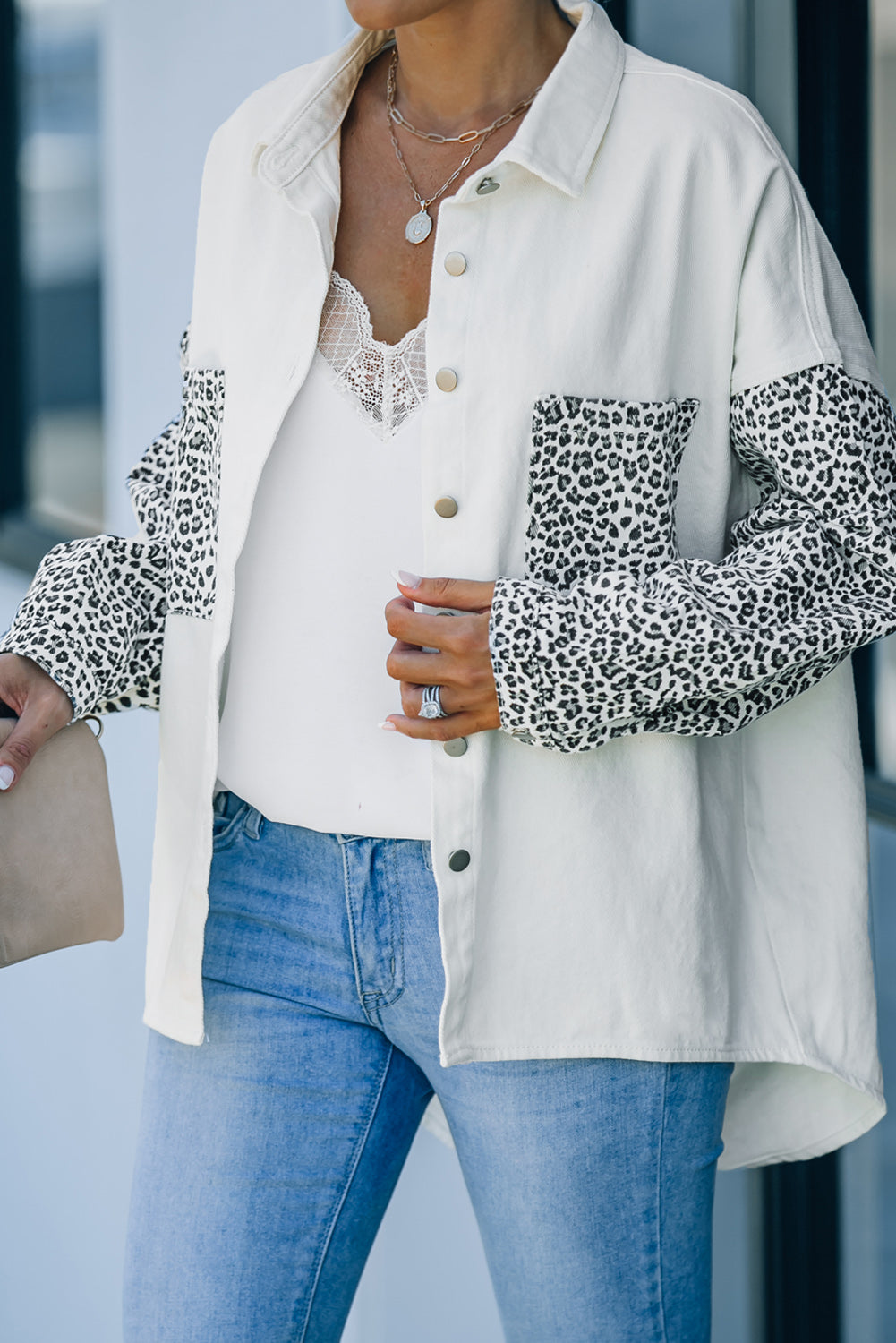 White Contrast Leopard Denim Jacket Denim Jackets JT's Designer Fashion