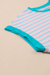 Pink Stripe Color Block Loose Fit Two Piece Shorts Set Short Sets JT's Designer Fashion