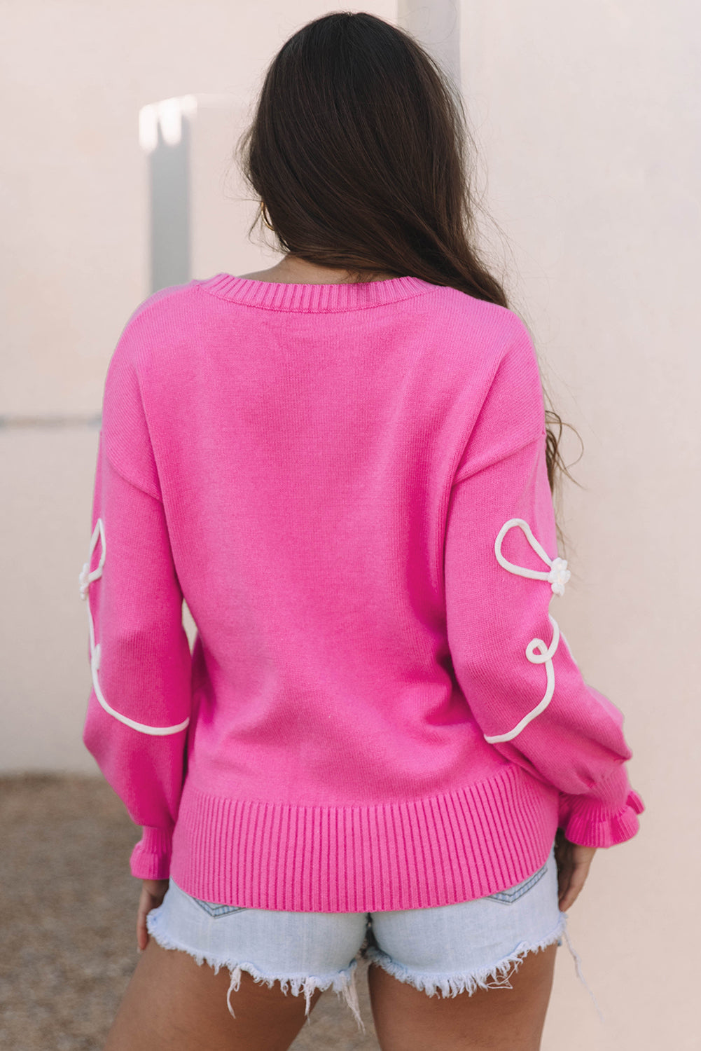 Bright Pink Corded Flower Bow Ribbed Trim Casual Sweater Sweaters JT's Designer Fashion