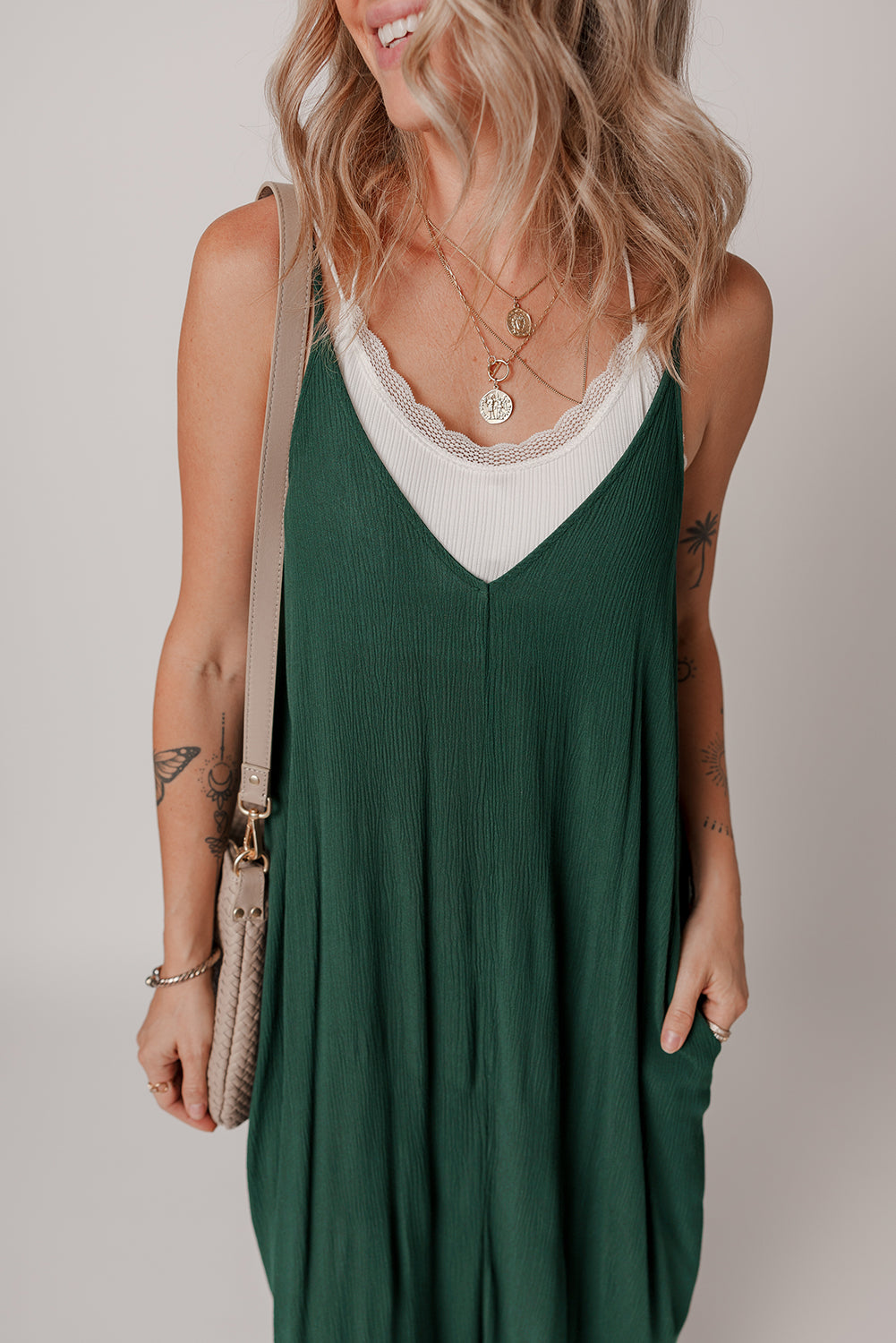 Duffel Green Spaghetti Straps Pocketed Slouchy Long Dress Maxi Dresses JT's Designer Fashion