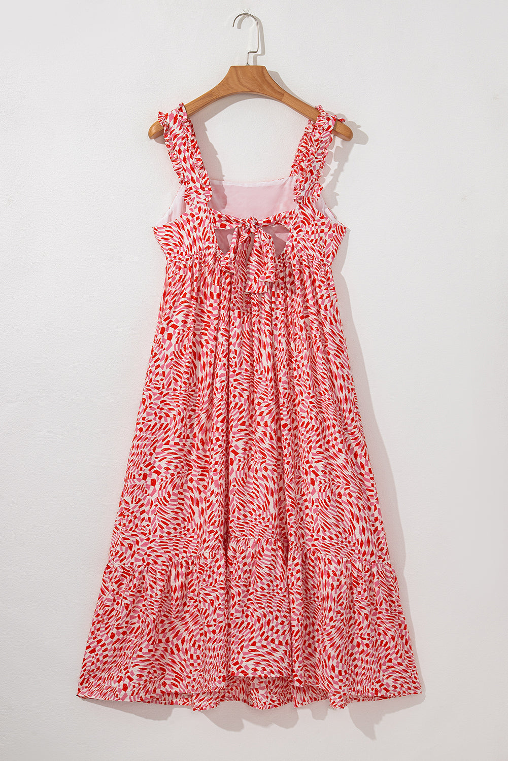 Pink Geometric Print Knot Back Sleeveless Ruffle Hem Dress Midi Dresses JT's Designer Fashion