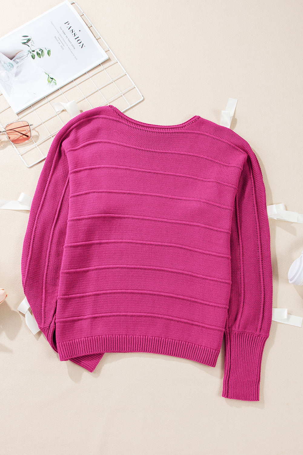 Rose Red Bow Knot Cut Out Round Neck Loose Sweater Sweaters JT's Designer Fashion