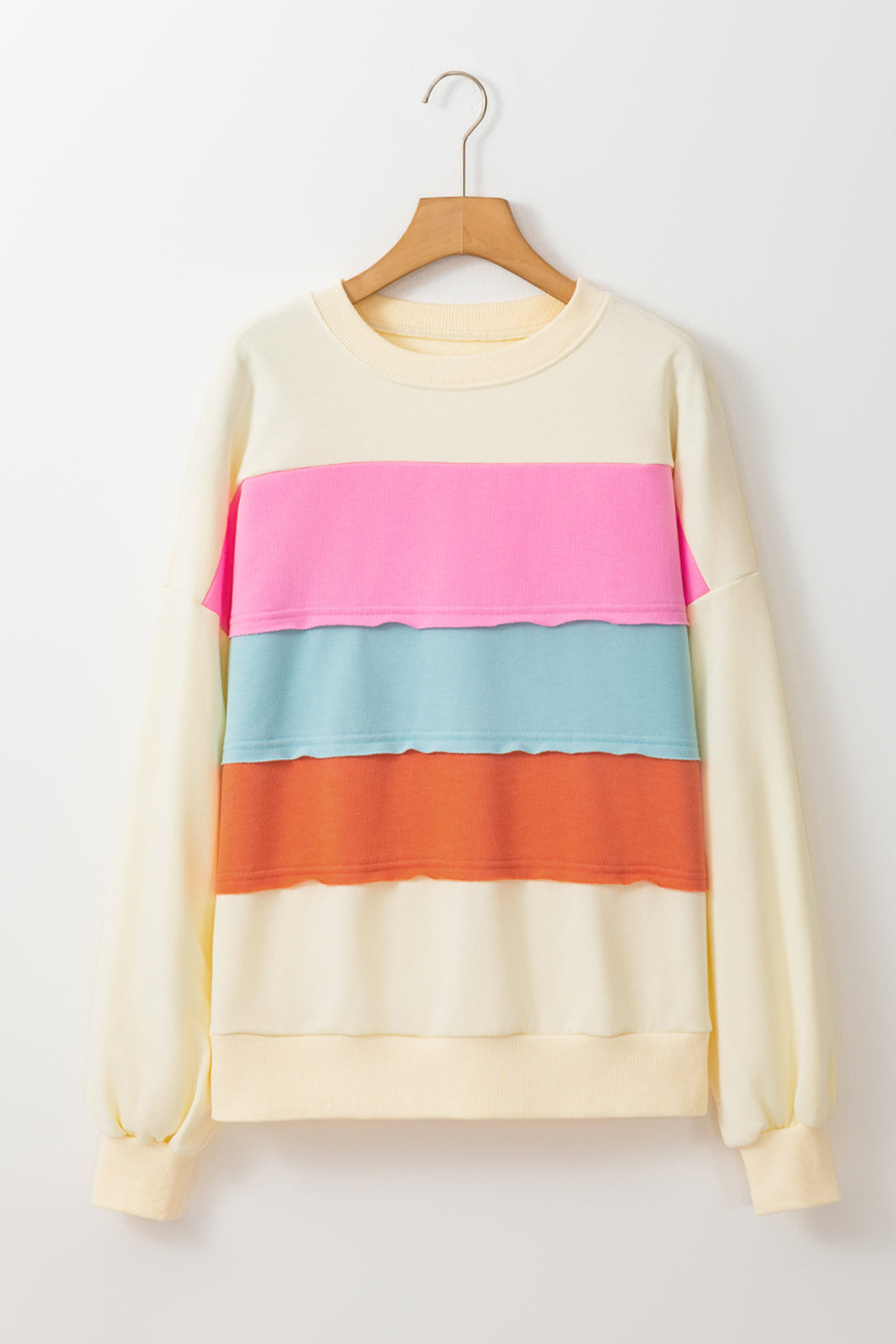 White Colorblock Patchwork Crewneck Drop Shoulder Sweatshirt Sweatshirts & Hoodies JT's Designer Fashion