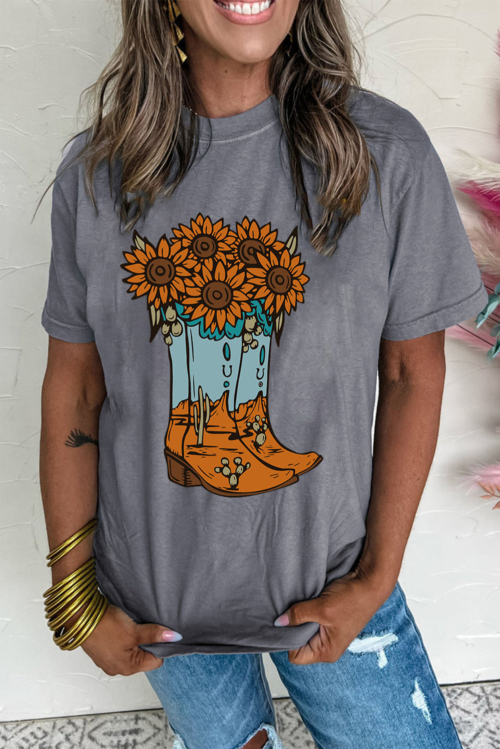 Gray Sunflower Cowgirl Boots Print Western Fashion T Shirt Graphic Tees JT's Designer Fashion