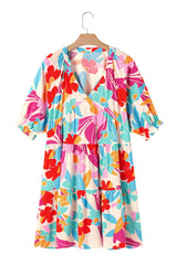 Rose Red Floral Bubble Sleeve V Neck Tiered Ruffle Babydoll Dress Floral Dresses JT's Designer Fashion